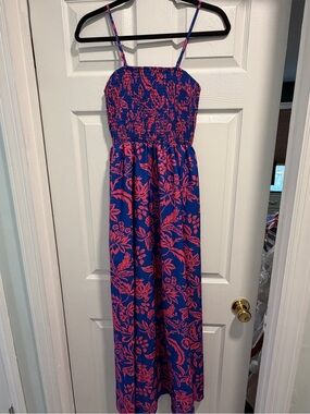 Smocked Spaghetti-Strap Maxi Dress in Blue & Pink Floral